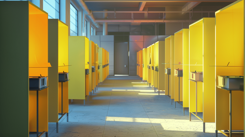 A room with colorful voting booths.