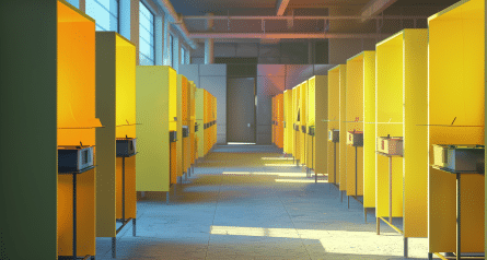 A room with colorful voting booths.
