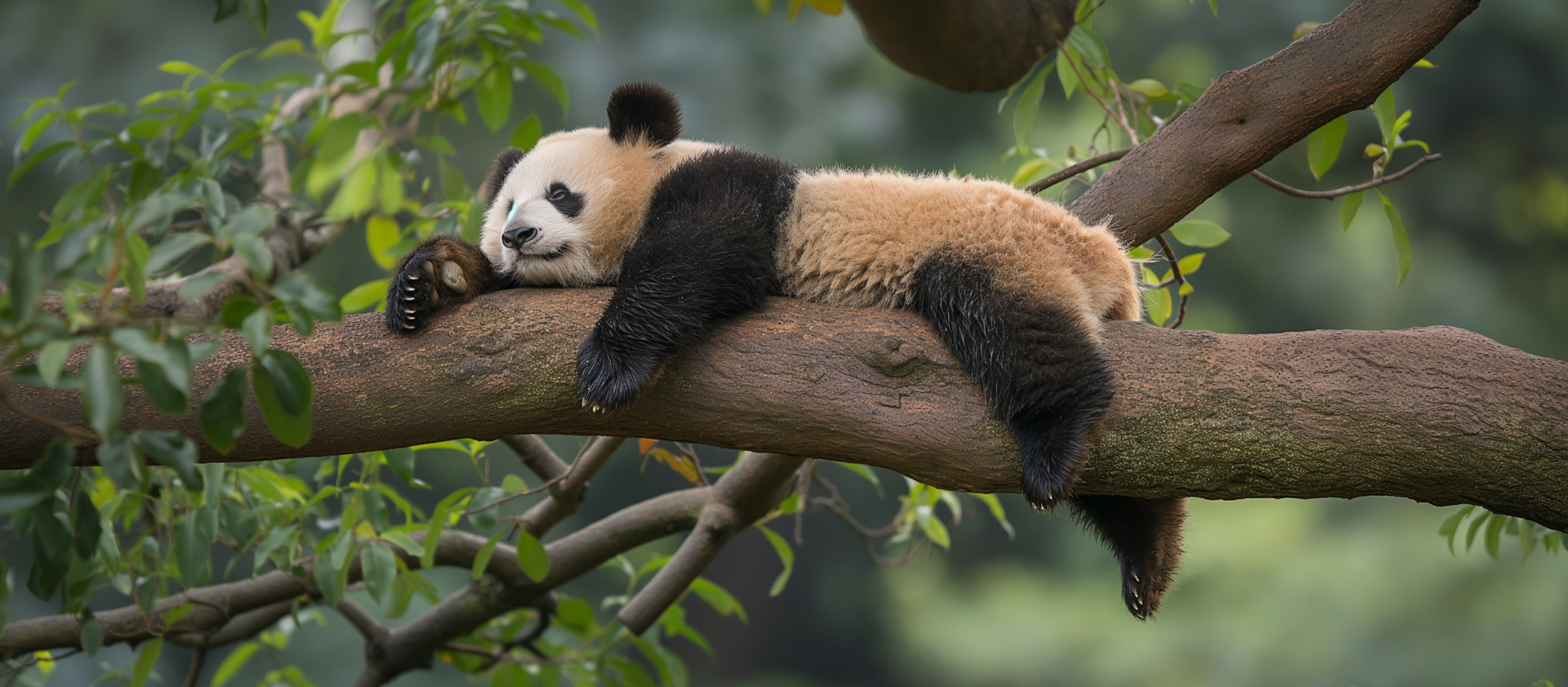 panda bear laying on branch with trees in background