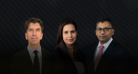 Headshot style images of two men and one women in professional attire on dark background