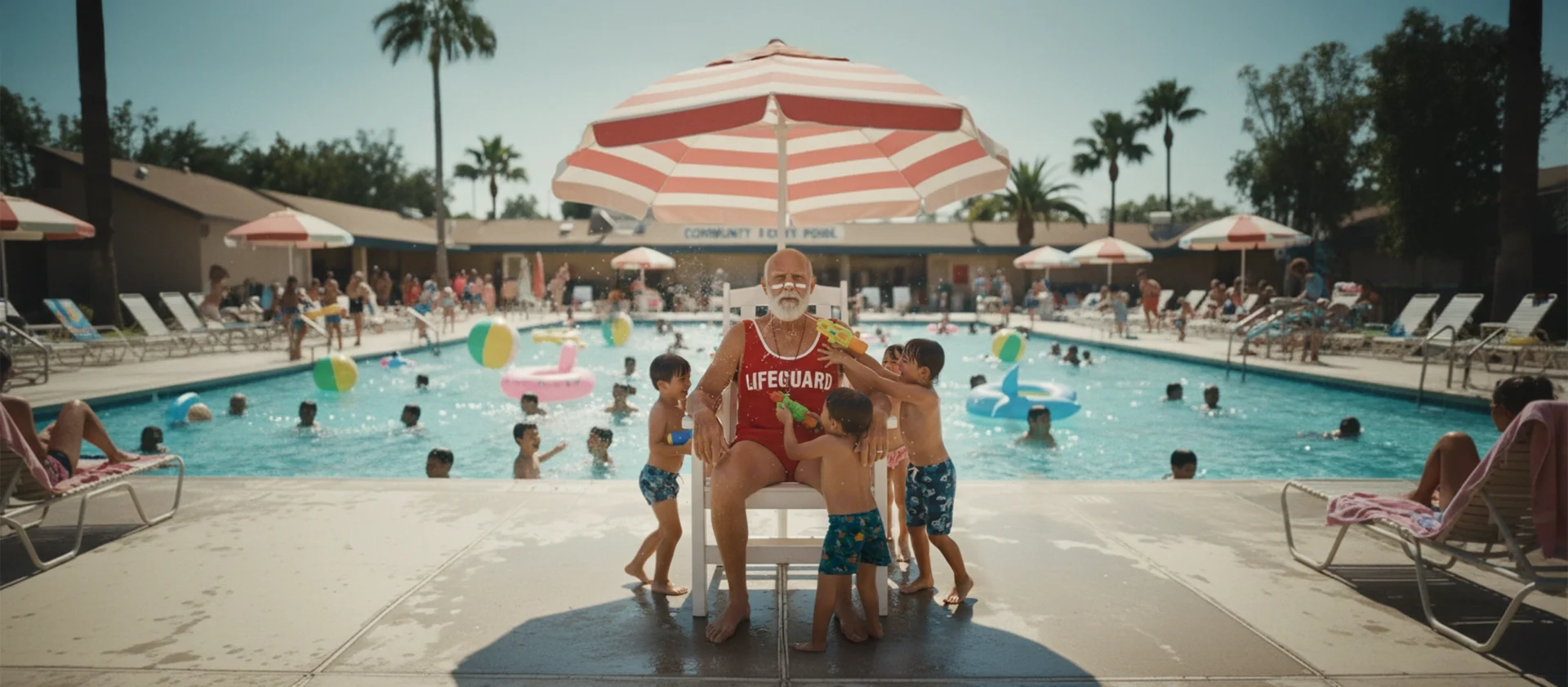 older man as a lifeguard with pool in background and he's being sprayed with waterguns by kids