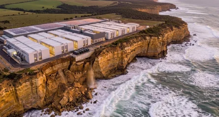 data center buildings sitting at the edge of the coast line with cliffs cracking into the ocean water