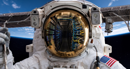 astronaut in space with the reflection of a server room in his helmet visor