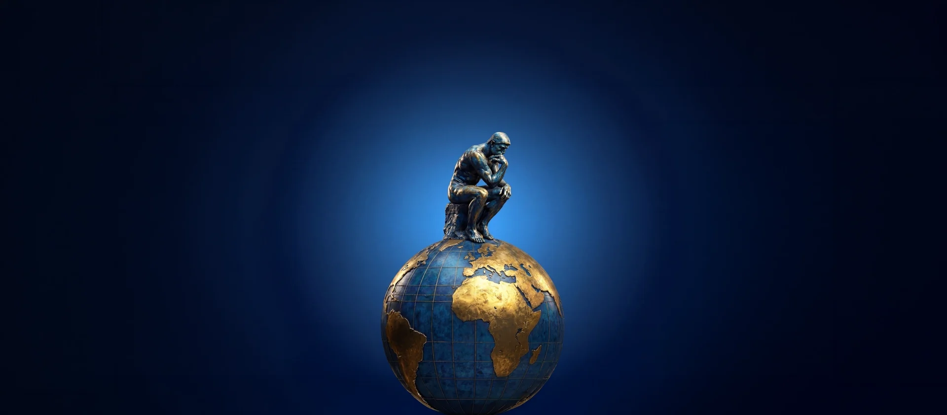 man sitting on top of blue and gold globe in a thinking position