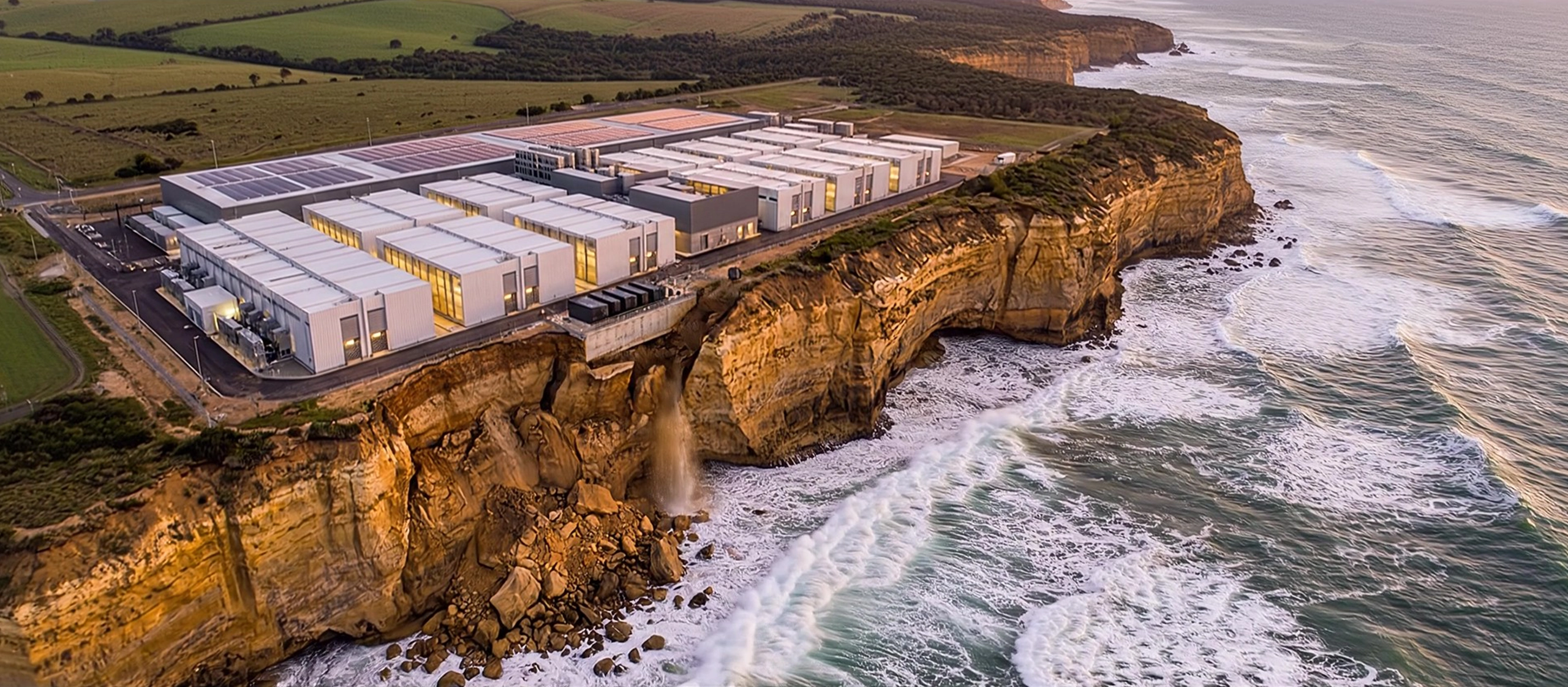 data center buildings sitting at the edge of the coast line with cliffs cracking into the ocean water