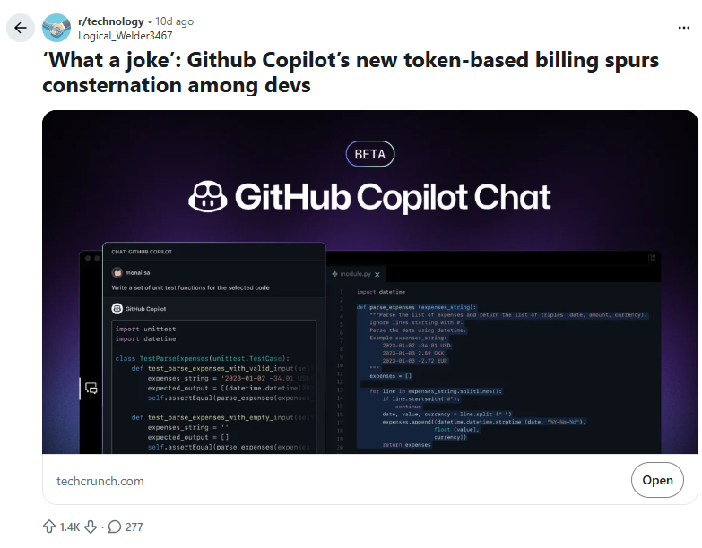 screenshot of github copilot beta chat