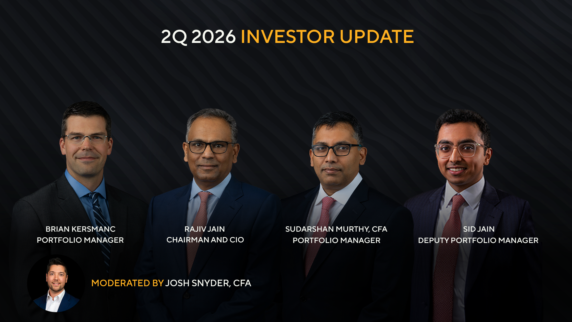 headshots of four men in suits on dark background for an quarterly investor update event